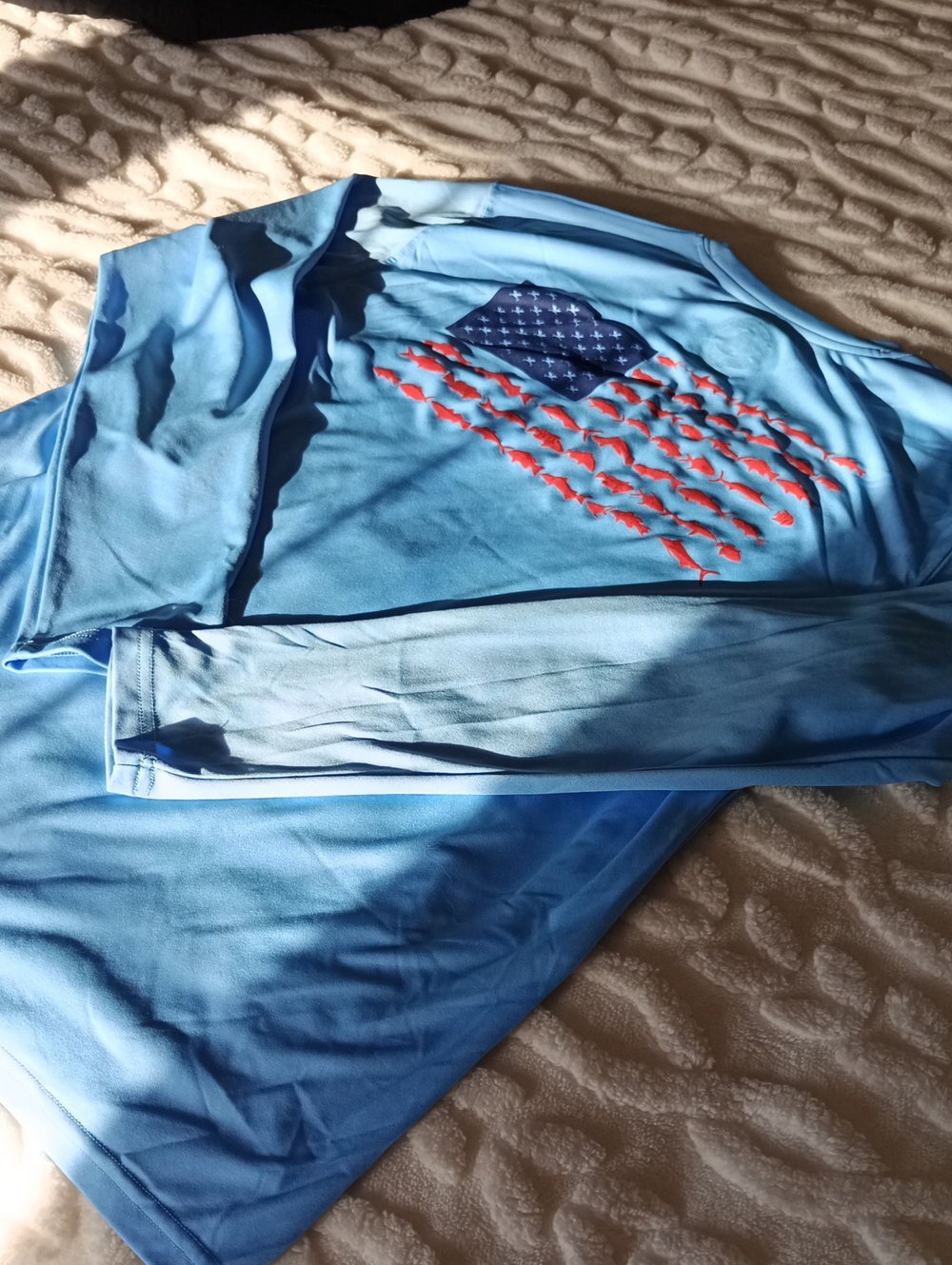 Vineyard Vines Light Blue Long-Sleeve Tee with Red Fish & Navy Flag Graphic